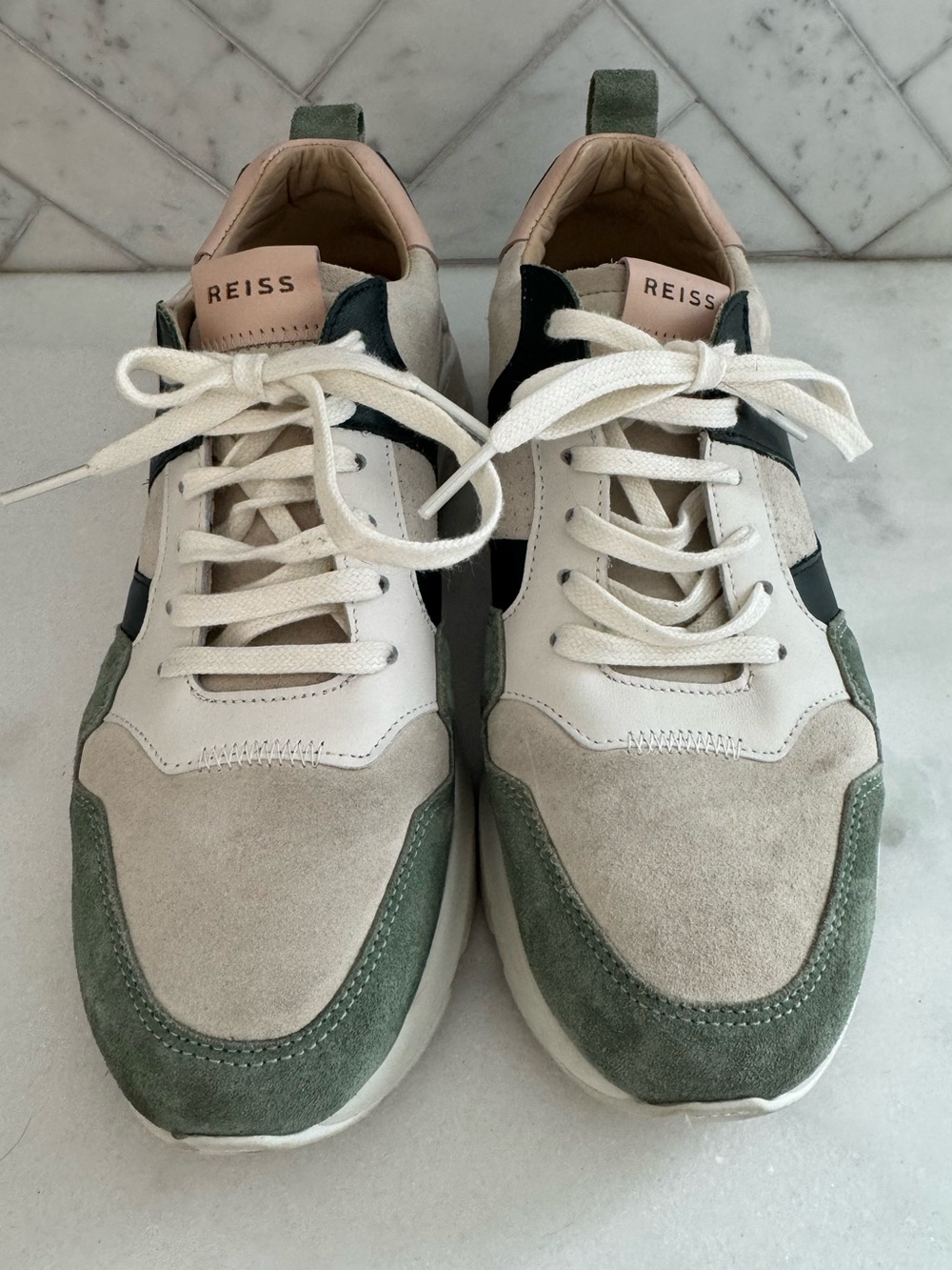 REISS Green and Cream Suede & Leather Low-Top Sneakers 8
